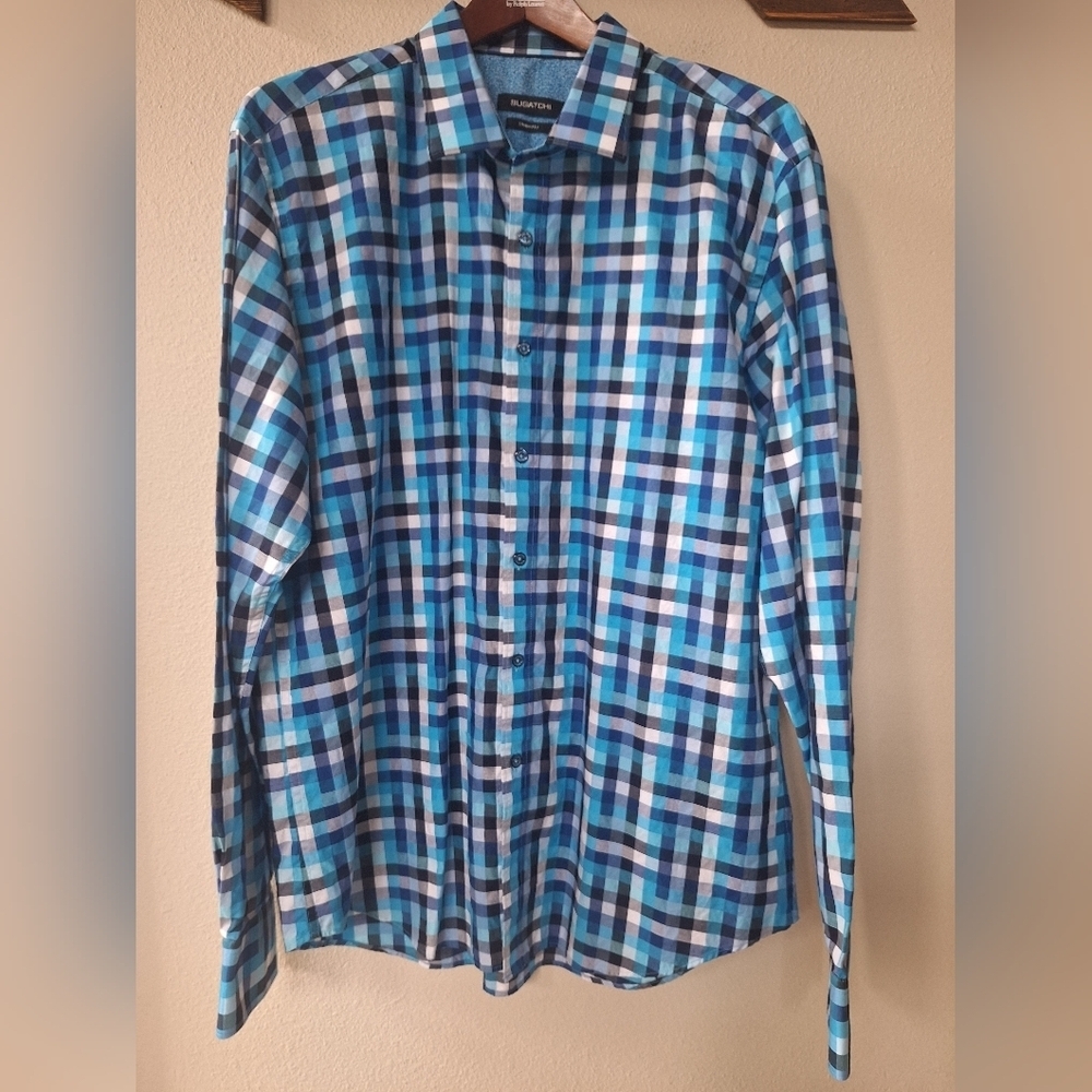 BUGATCHI UOMO Shaped Fit Plaid Blue White Check Preppy Casual Mens XL